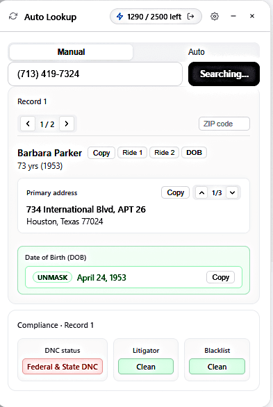 A record card in the widget showing a discovered date of birth