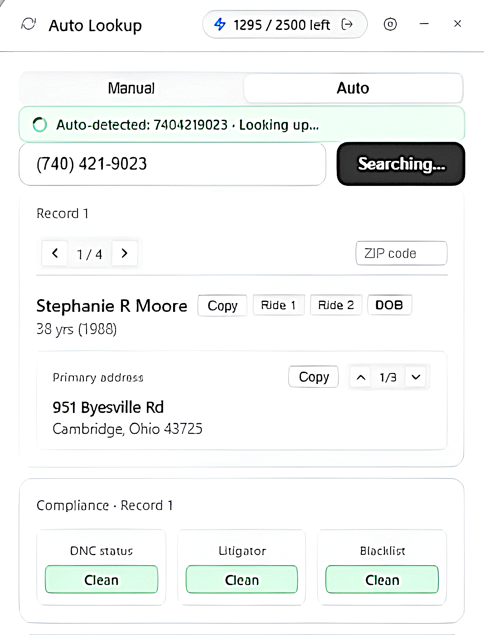 A record card in the widget showing a name, age, address and its compliance badges