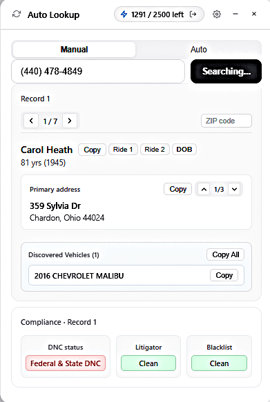 A record card in the widget listing a discovered vehicle